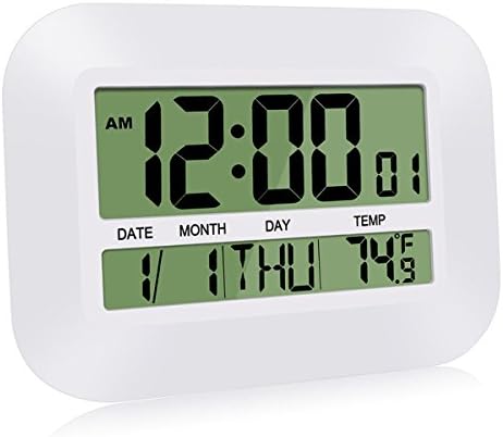 HeQiao Silent Desk Clocks Digital Wall Clock Simple Large LCD Alarm Clock with Temperature Calendar for Home Office (Ivory White)
