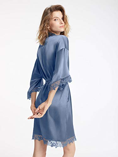 AW BRIDAL Satin Robe Silk Robes for Women with Lace Trim Elegant Bride Robe Bridesmaid Robes for Wedding, Dusty Blue Robe, S