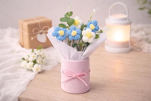 Image of Artificial Crochet Flower Bouquet /Artificial Flowers Bunch /Crochet Flowers Bouquet /Crochet Flowers /Flowers Bouquet Gift for Girls Home Decor (Sky- Blue)