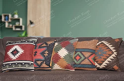 Chouhan Rugs Set of 5 Handmade Jute Vintage Kilim Pillow Covers, Indian Home Decor Handwoven Turkish Pillowcases, Natural Jute 18x18 inch 45x45 cm Square Cushion Covers