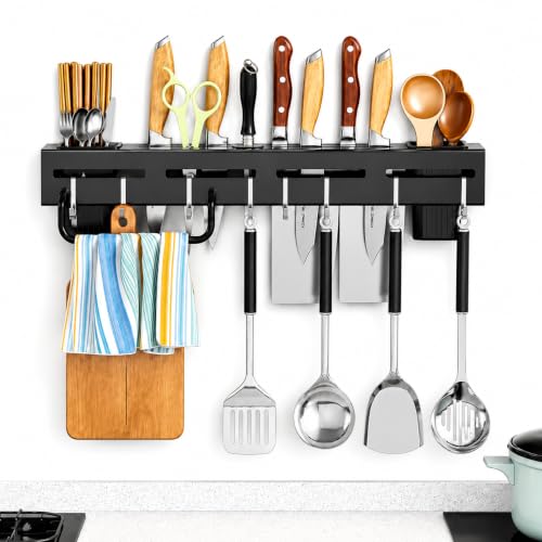 Image of ORBICA Metal Wall Mounted Kitchen Organizer with Knife Holder, Spoon & Cutlery Stand, Utensil Holder with Hooks, Multifunctional Kitchen Storage Rack for Home & Kitchen Accessories (Black)