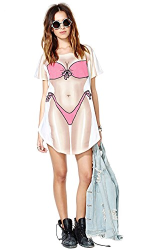 JEYKAY Lady's Cute Bikini Print Cover Up T-Shirt Loose Long Dress