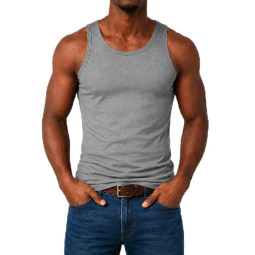 Image of Truebuy® Mens Cotton Vest 100% Cotton Grey Tank Top Breathable Undershirt Soft Comfortable Everyday Athletic Wear Sleeveless Top for Men Medium