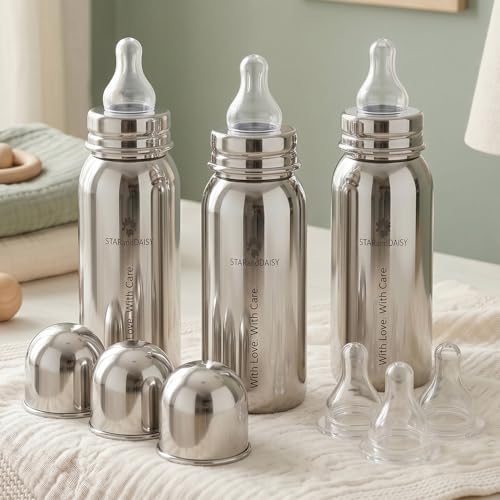 Image of StarAndDaisy Baby Milk Bottle for new Born /Infant /Toddler Pack of 3-200 ML SUS 304 Steel Baby Feeding Bottle for 0+ Months, BPA Free Leakproof Bottle, Anti Colic, Easy to Clean & Extra Nipple