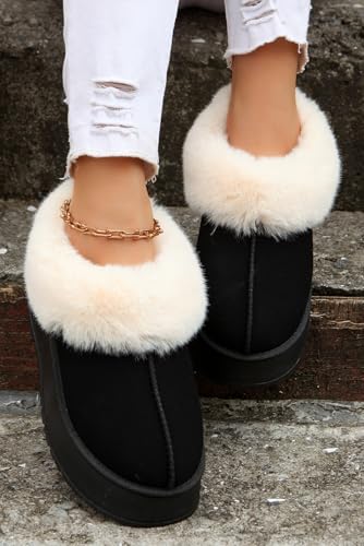 Women's Black Plush Suede Trim Thick Sole Flat Snow Boots for Ultimate Comfort2