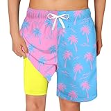 Cozople Blue Pink Boys Swim Trunks Size 14-16 Kids Bathing Suit Fashion Color-Blocking Breathable Swim Shorts with Pockets
