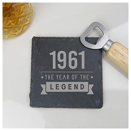 eBuyGB 2012923BL6 Posavasos Cuadrado de Pizarra Grabado, diseño 1961 Year of The Legend, Hombres, Regalo de 60 cumpleaños para papá, tío, Hermano