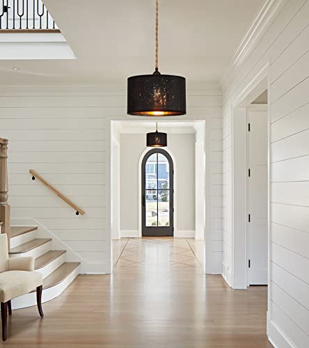 Amzasa Industrial Fabric Drum Pendant Light,Modern Black Mini Chandelier Round Shade With Sparkling Star Effect Hanging Light Fixture For Hallway Entryway Dining Room Island #TOP4