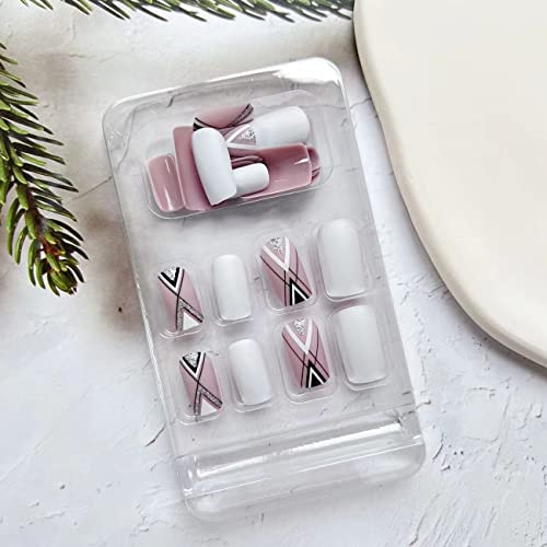 Square Press On Nails Glitter Geometric Line Black Fake Nails White French False Nails Medium Glossy Daily Wear Artificial Nails Glue On Nails For Women Nail Art Manicure Decoration 24Pcs #TOP6