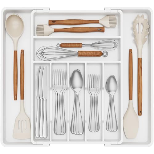 Lifewit Bandeja para cubiertos, ampliable para cajones, profundidad de 42,4 cm, organizador de cubiertos, cajón de cocina, ancho de 33 a 57 cm, soporte de plástico para cucharas y tenedores, color