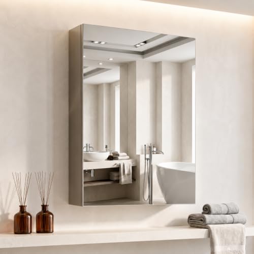 Image of Dropin (16x24 Inch, Chrome Finish 304 Stainless Steel Bathroom Mirror Cabinet, Heavy-Duty Storage Cabinet /Wall Mounted Mirror Bathroom Cabinet Separate Compartments for Storage