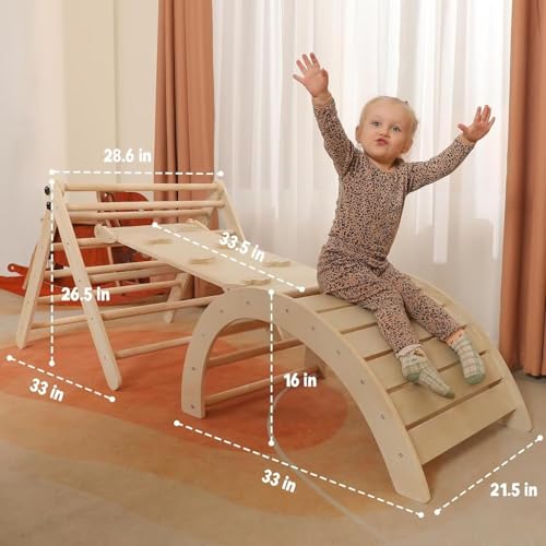 Yopnoyik Pikler Triangle Set with Cushion Large, 5 in 1 Toddler Climbing Toys Indoor, Montessori Foldable Climbing Set for Kids, Wooden Playground Jungle Gym with Ramp, Arch and Ladder (Wooden Color)