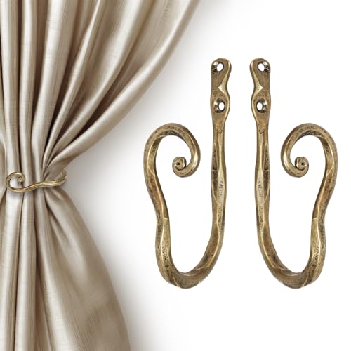 BEGINS 2-Pack Hand-Forged Curtain Holdbacks - Heavy Duty Curtain tiebacks wall Mounted Vintage Black Metal Curtain Hooks for Drapes for Living Room & Bedroom (Gold)