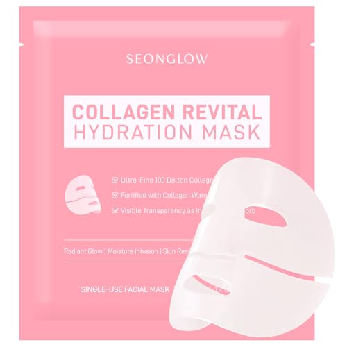 SEONGLOW Collagen Hydration Mask, 100-Dalton Ultra-Low Molecular Collagen & Peptide Complex, Deep Hydration, Elasticity & Pore Care, 34g / 1.19 oz (1 Sheet) x 4ea