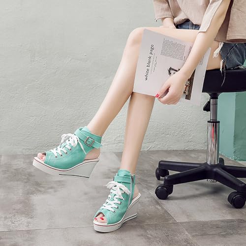 Image of OCHENTA Women's Peep Toe Wedge Sneakers Canvas Platform Shoes Side Zipper Lace up Buckle Fashion Sneakers Walking Shoes