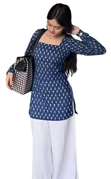 Image of FELISIA Women's Rayon Floral Printed Full Sleeves Square Neck Short Kurti, Bell Sleeves, Short Kurti for Woman, Stylish Ethnic Top, Daily Casual Western & Office wear, Regular Fit
