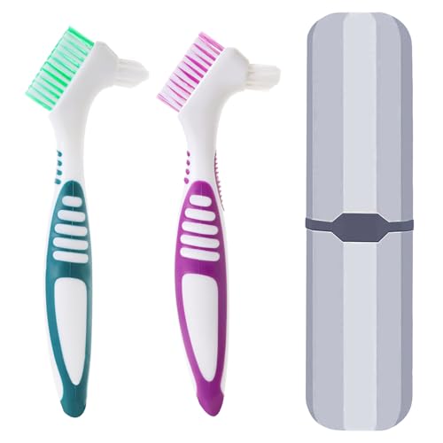 TAHULIK Denture Brush with Case, Convenient Travel False Teeth Toothbrush, Rubber Material, Ergonomic Handle False Teeth Toothbrush, Soft Denture Brush, Effective Denture Cleaner Brushes Kit