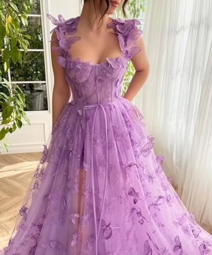 3D Butterflies Tulle Prom Dresses for Teens 2024 Applique Corset Gowns Sweetheart Long Formal Evening Dress with Slit2