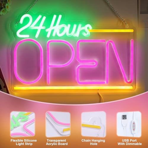 Image of Open Neon Signs for Business, 24 Hours Led Dimmable Neon Lights for Coffee Store Shop Bar Gas Station Convenience Hotel, Super Bright & Easy to Spot Open Lamp, Idea Decor for Window Room Wall