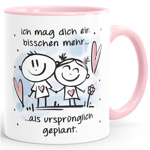 SpecialMe® Kaffee-Tasse Liebe Ich mag dich ein bisschen mehr als geplant Spruch Verliebt Herz Geschenk Valentinstag Weiss-innen-rosa Keramik-Tasse