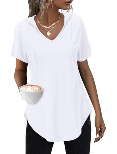 WNEEDU T-Shirt Damen Sommer mit Kapuze Kurzarm Kapuzenpullover Hoodie V...