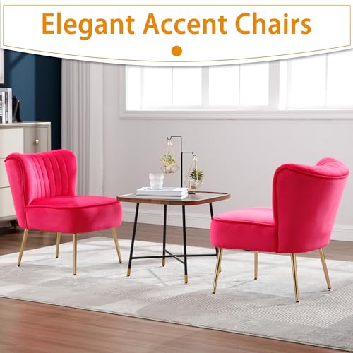 ABET Accent Chairs Set of 2, Velvet Armless Living Room Chairs with Tufted Wingback Thicken Cushion Gold Metal Legs, Comfy Upholstered Side Chairs Slipper Chairs Club Chairs for Bedroom, Hot Pink