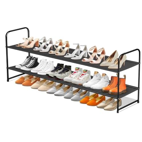 SLEEPING LAMB Long 2-Tier Shoe Organizer for Closet, Stackable Wide Shoe Rack Holds 18-Pairs Low Shoe Shelf Storage for Bedroom, Floor, Entryway(Black)