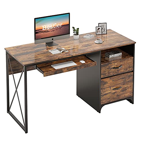 Bestier Office Desk with Drawers, 55 inch Industrial Computer Desk with Storage, Wood Teacher Desk with Keyboard Tray & File Drawer for Home Office, Rustic Brown