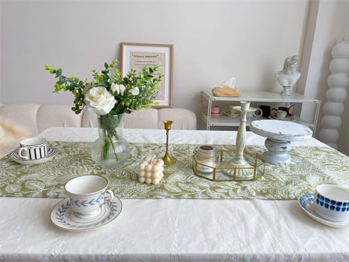 Chemin de table coton 32x180 cm imprimé fleurs vertes rustique