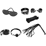 HOUSWEETY 1Kit Ball Gag Handcuff Whip Mask Sex Toy Restraint System Fetish Black