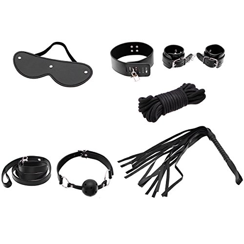 HOUSWEETY 1Kit Ball Gag Handcuff Whip Mask Sex Toy Restraint System Fetish Black