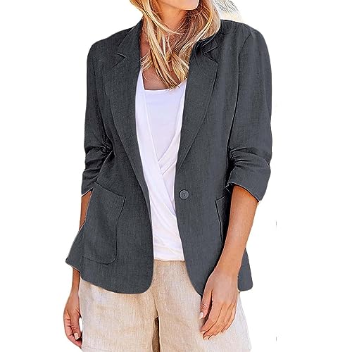 linen blazer women 3/4 sleeve Ruched One Button Lightweight plus size Slim Casual Work Office Jacket with Pockets2