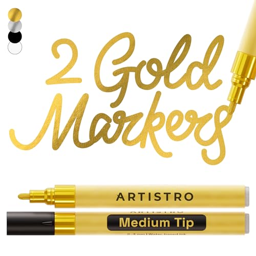 ARTISTRO 2 Gold Metallic Acrylic Paint Pens for Rock, Ceramic, Wood, Glass, Metal, Fabric, Plastic - 3mm Medium Tip Paint Markers - Ideal for Scrapbooking, DIY Crafts & Art Projects