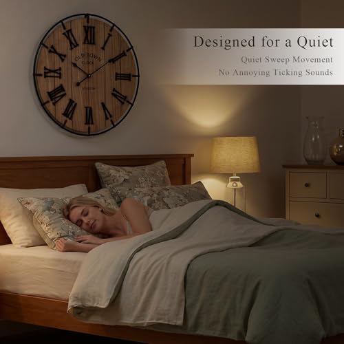 Image of EMAX HOME 24 Inch Large Farmhouse Wall Clock, Natural Wood Grain Face with Black Metal Frame, Silent Non-Ticking Quartz Movement, Vintage Wall Decor for Living Room, Bedroom, Dining Room