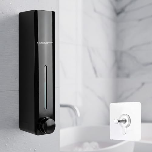 Image of Robustt Stylish Wall Mounted Liquid Soap Dispenser 360ML (Black, Pack of 1) - with Adhesive Hooks | Easy Installation for Bathroom & Kitchen - Durable ABS Material, Sleek Design