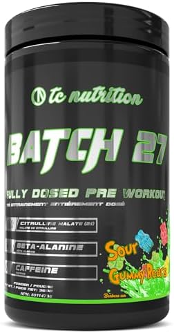 Batch 27 Pre Workout Powder – 8g Citrulline, 3.5g Beta Alanine, 2.5g Betaine, 325mg Caffeine | Instant Energy, Focus, Pumps & Strength | Nitric Oxide Booster & Powerful Preworkout 20sv Sour Gummy Bear