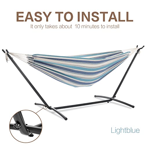 Image of PNAEUT Double Hammocks with Stand for Outside, Portable Space Saving Heavy-Duty Steel Stand for Indoor Outdoor Patio with Carrying Bag, 450 lbs Capacity (Lightblue)