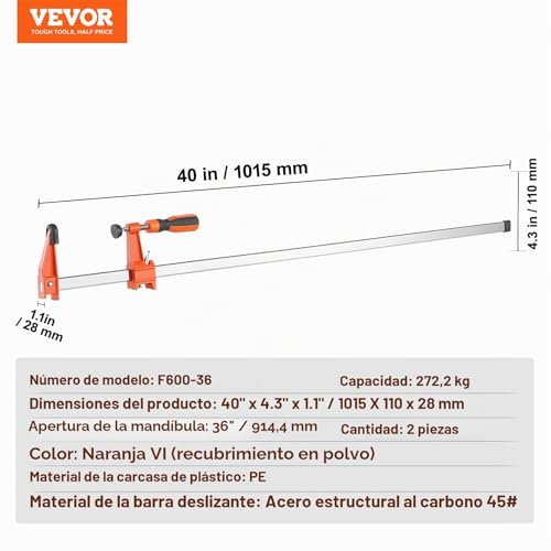 Miniatura 7 de Vevor Juego De 2 Abrazaderas De Liberación Rápida Abrazadera Con Una Sola Mano Apertura 914,4 Mm Longitud 1015 Mm Fuerza De Sujeción Máxima Alicate Esparcidor Reversible De 272 Kg Para Carpintero