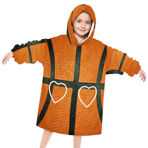 Wearable Blanket Hoodie for Kids, Orange Basketball Lace Fleece Sweatshirt Blanket Oversized Blanket Sweatshirt with Pocket Flannel Warm Hooded Blanket 6-10 Year Old Girl Boy Gift, One Size