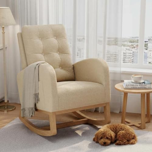 GAOMON Modern Rocking Chair for Living Room, Comfortable Recliner Rocker with Side Pocket, Soft Linen Upholstered Glider Chair for Bedroom, Nursery, L
