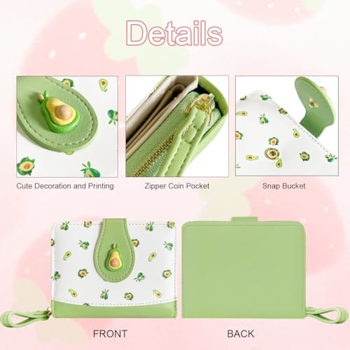 Image of Cute Print Wallet Blueberry Strawberry Cherry Wallet with Credit Card Slot Zipper Coin Pocket for Women Girls (AVOCADO)