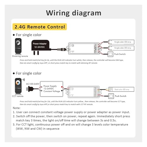 Variateur LED WT1 CCT 12V 24V 2CH 5A Push Switch pour bandeau LED blanc variable - 6