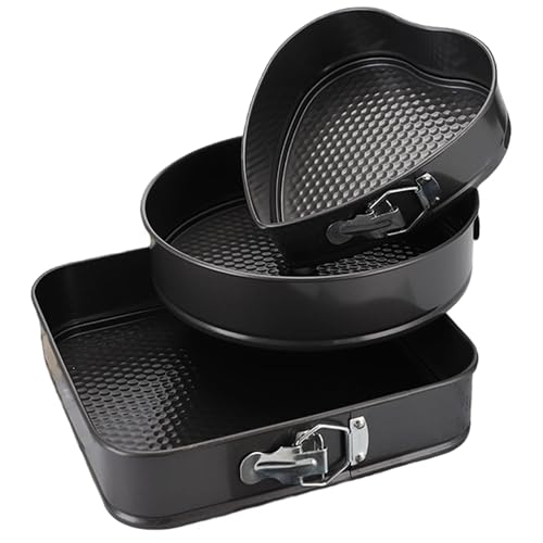 IULAVP Springform Cake Pan Baking Set: 3 Pieces Round Square Heart Shaped Cake Pans with Removable Bottom, Non-Stick Cheesecake Pan, Quick Release Latch Carbon Steel Bakeware (Black, Combination)