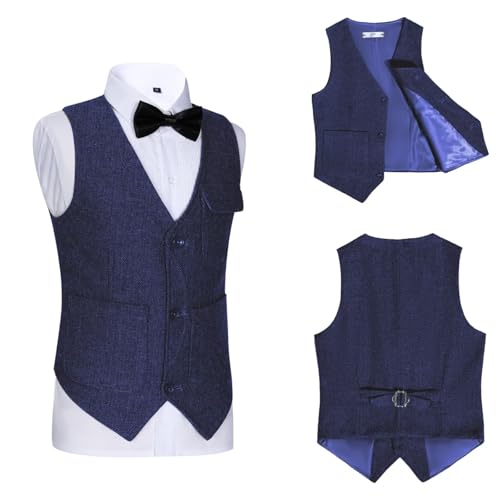Image of Retro Boys Tweed Vest for Kids Formal Dress Herringbone Suit Vest for Toddler Boy Wedding Waistcoat