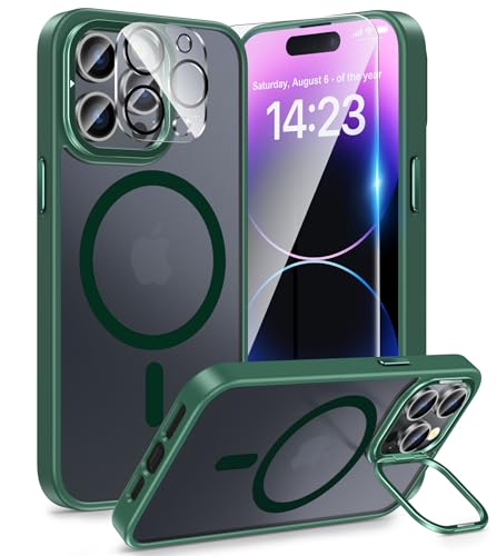 Image of FNTCASE for iPhone 14 Pro-Max Case: Magnetic Slim Matte Protective Case with Kickstand | Shockproof Drop Full Protection Anti-Fingerprint Thin Translucent Frosted Phone Cover(Green)