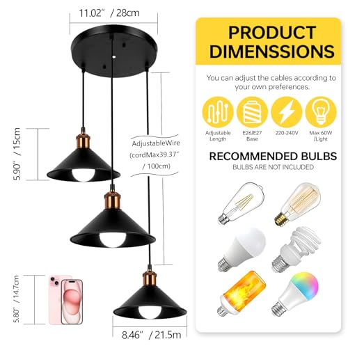 FIRVRE Czarny Przemysłowy 3 Światło Retro Design Złota lampa wisząca Loft Żelazny abażur Parasol Regulowane lampy sufitowe Vintage Wisząca lampa Żyrandol E27 do kuchni wyspa Jadalnia Kawiarnia