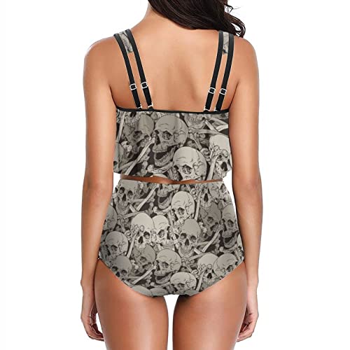 Yptbst Vintage Human Skulls And Bones Women's Halter Ruffle Bikini Set Two Pieces Tummy Control Swimwear Bathing Suit 3D Printed Slimming Swimsuit For Beach, Party S #TOP2