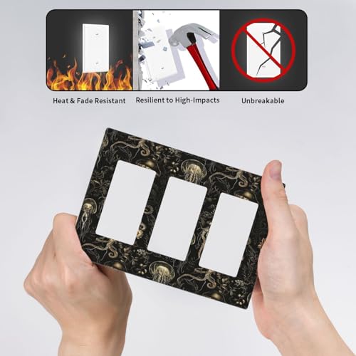 Decorative Outlet Covers Black Gold Jellyfish Squid Deep Sea Creatures 3 Gang Outlet Cover Wall Plate Triple Rocker Light Switch Cover Plate Switch Plate Covers for Bedroom Home Decor