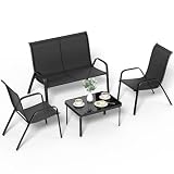 LIFERUN Gartenmöbel Set 4-teilig für 4 Personen, Sitzgruppe Outdoor mit 1 Gartenbank, 2 Stühlen & 1 Glastisch, Wetterfeste Textilene, Modern Lounge Balkonmöbel für Kleiner Balkon & Terrasse (Schwarz)