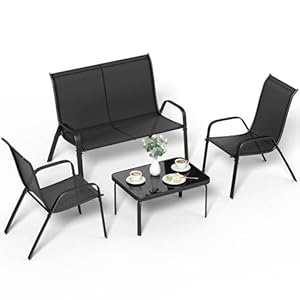 LIFERUN Gartenmöbel Set 4-teilig für 4 Personen, Sitzgruppe Outdoor mit 1 Gartenbank, 2 Stühlen & 1 Glastisch, Wetterfeste Textilene, Modern Lounge Balkonmöbel für Kleiner Balkon & Terrasse (Schwarz)
